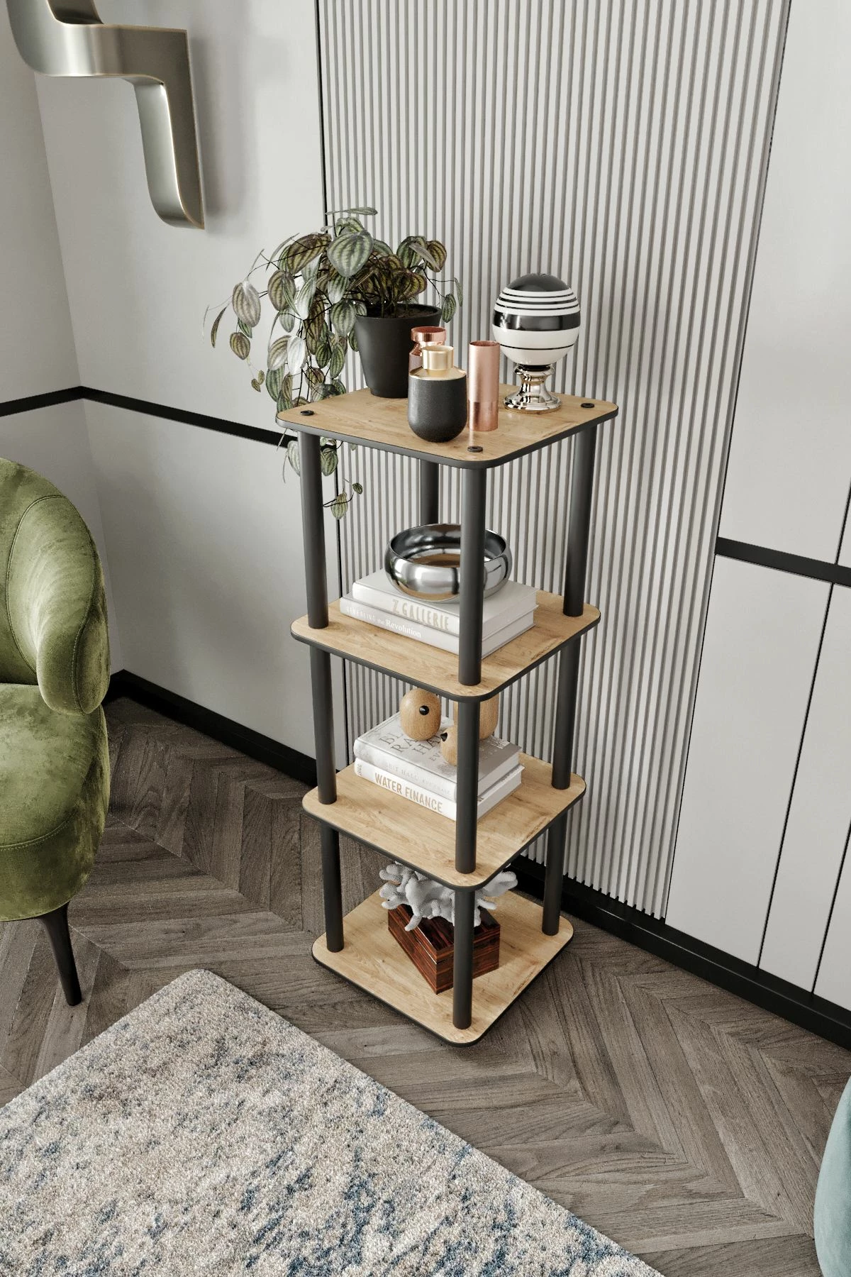 Raft librash Skye Decor, katër kate, ngjyrë lisi