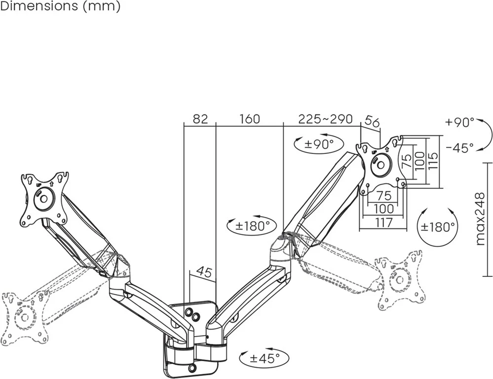 Mbajtës muri për dy monitorë Maclean MC-988, 17-32 inç, sustë mekanike, i zi