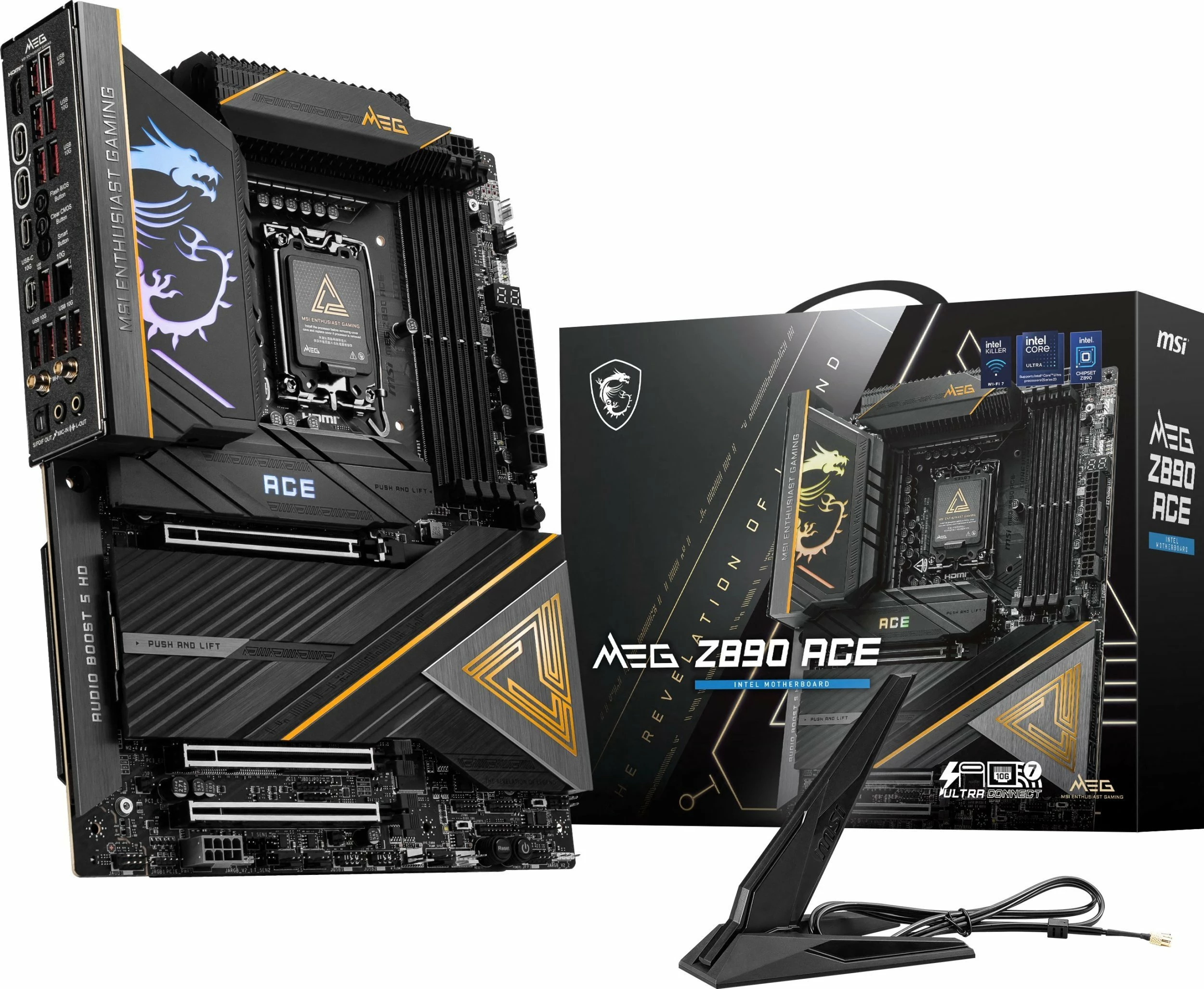 Pllakë amë MSI MEG Z890 ACE, ATX, Intel Z890, DDR5 deri 256GB, PCIe 5.0, Wi‑Fi 7, 10G LAN, Thunderbolt 4, zi/ari, set me antenë Wi‑Fi