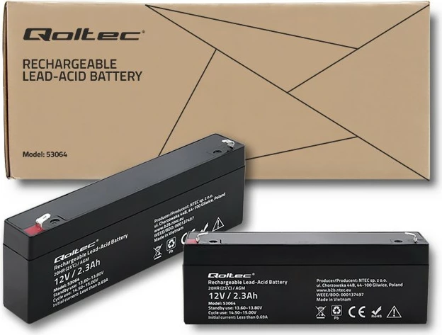 Bateri AGM Qoltec 53064, 12V, 2.3Ah, e zezë