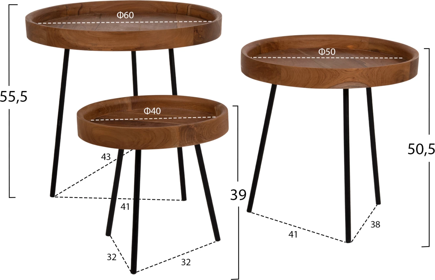 Tavolina anësore 3 copë set MANTARYS FH9799 dru MINDI-këmbë metali të zeza Φ60x55,5Ηcm
