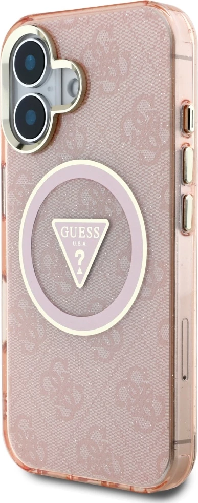 Mbështjellës Guess IML Metal Glitter 4G Circle Triangle MagSafe për iPhone 16, Rozë