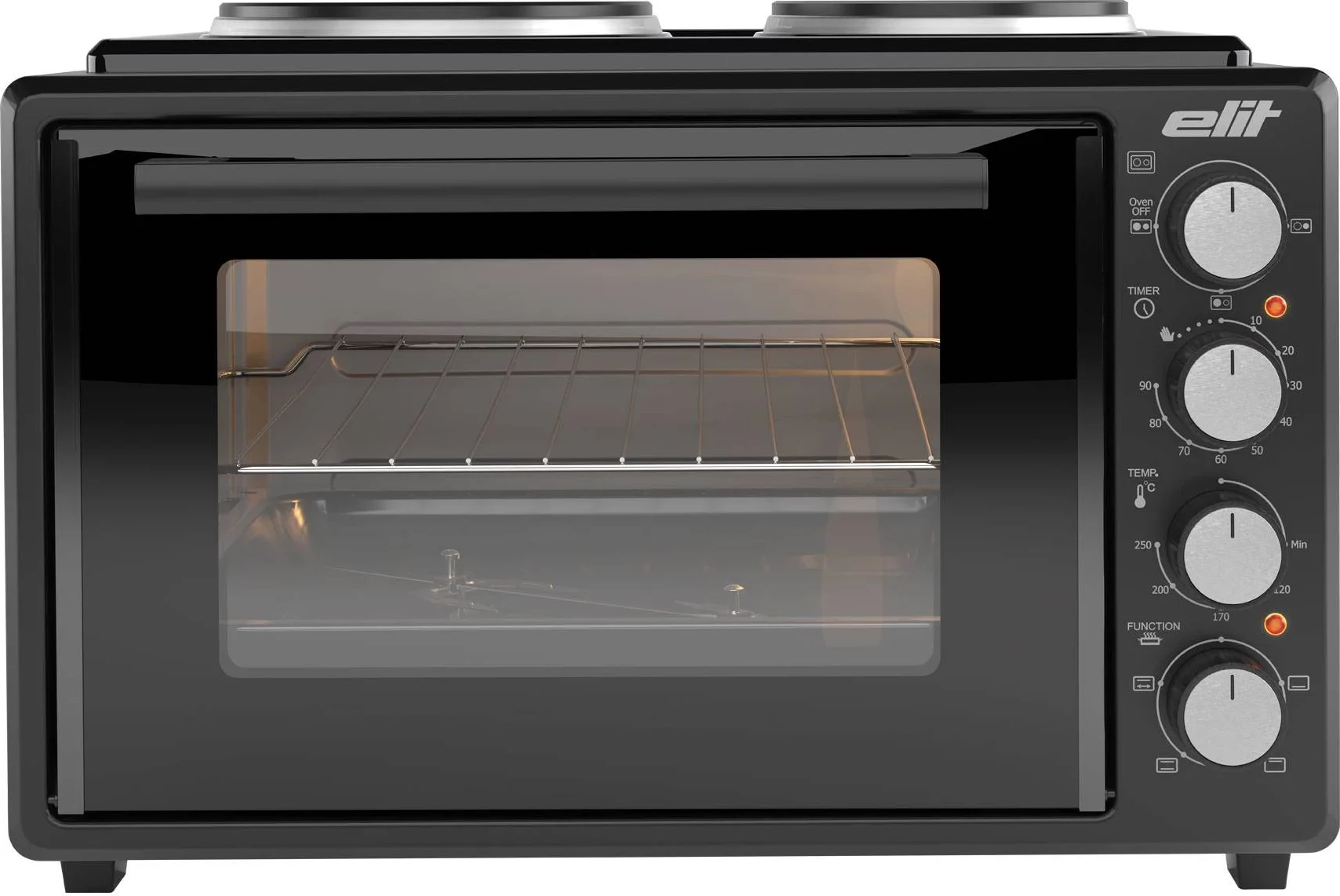 Mini furrë me dy pllaka gatimi, Elit OPTIDUO 35B, 35L, 1400W, shufër rrotulluese, termostat, timer mekanik, e zezë