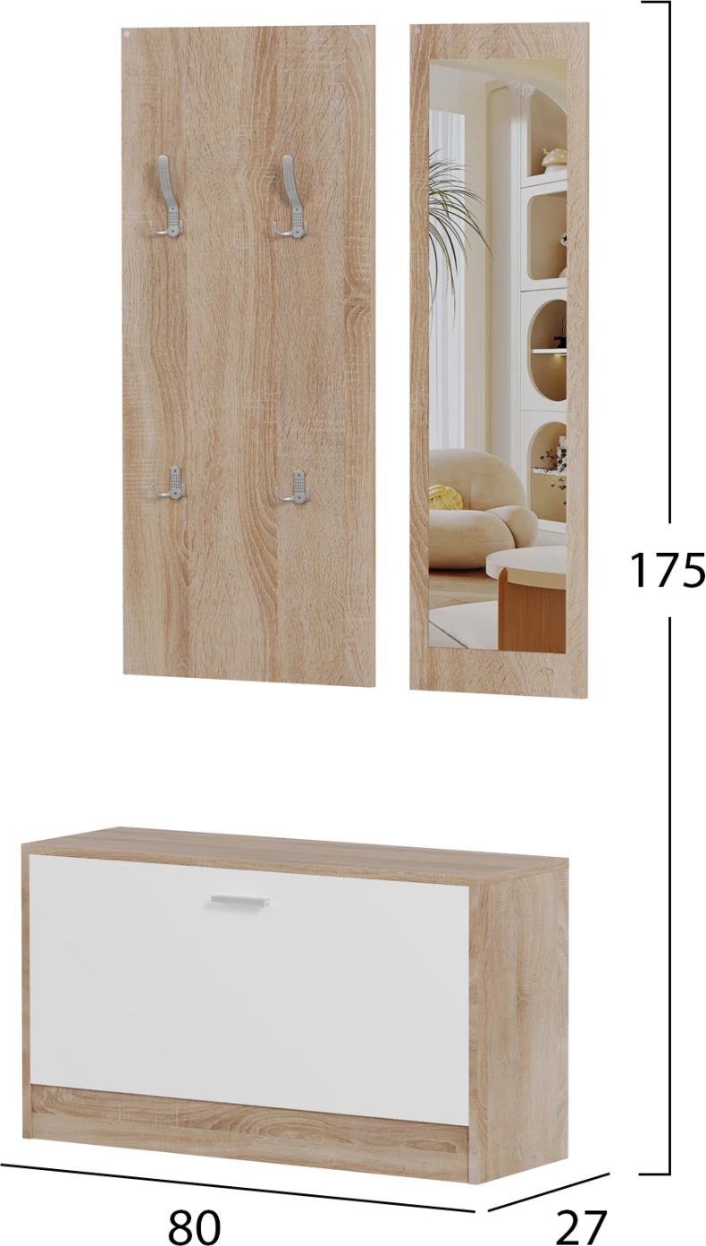 Set hyrjeje me pasqyrë VERN FH2476.04 melaminë në ngjyrë sonama-bardhë 80x27x175Hcm