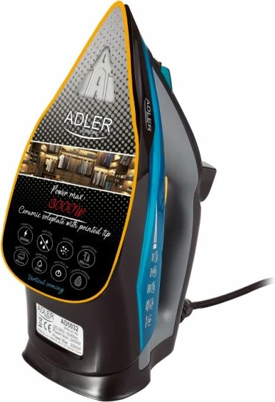 Hekur me avull ADLER AD 5032, 3000 W max, pllakë qeramike, rezervuar 350 ml, kaltër/zi