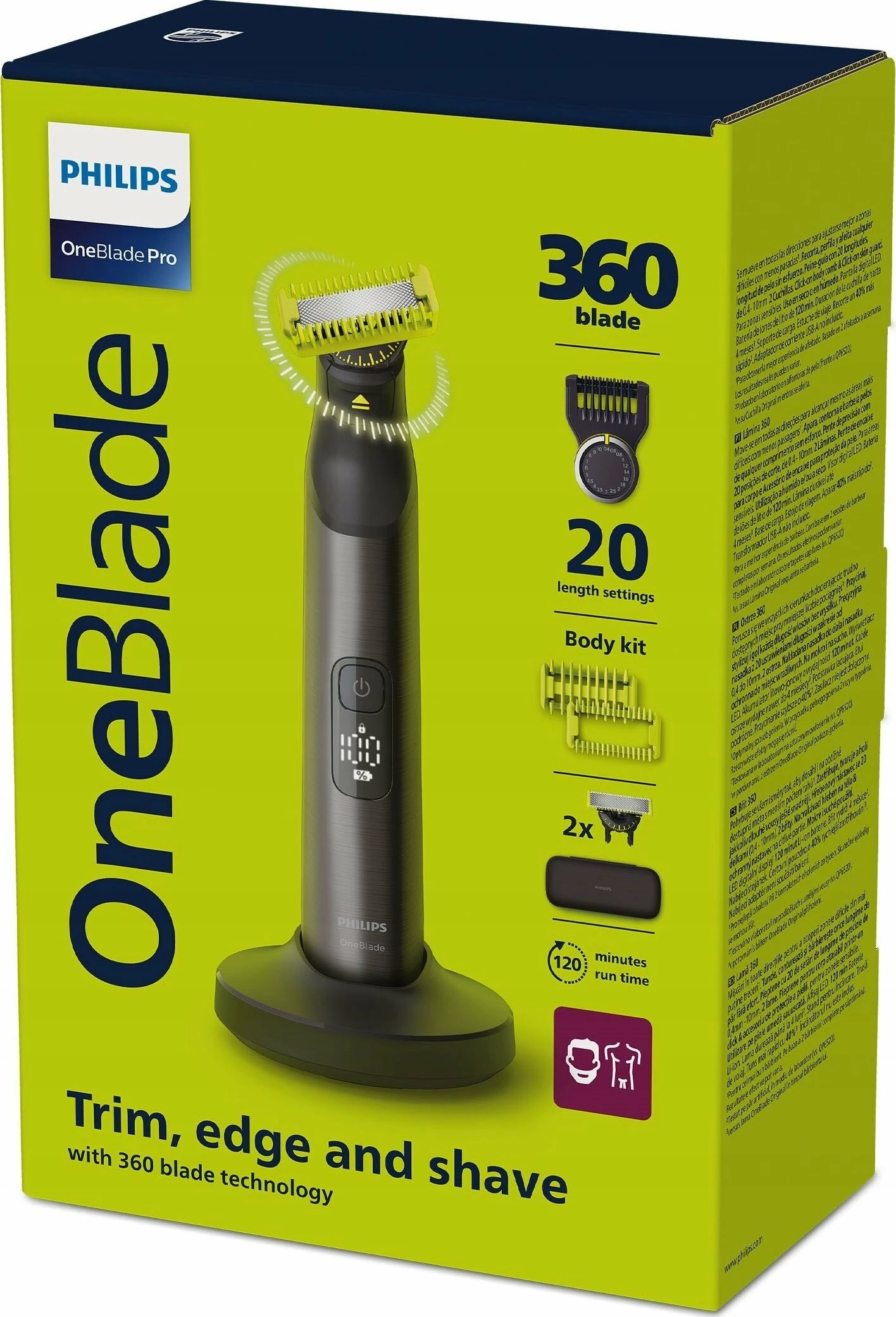 Makinë rroje Philips OneBlade Pro 360 QP6652/61, për fytyrë & trup, 120 min bateri, IPX7, gri, set me krehër preciz 20 gjatësive