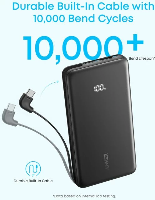 Powerbank Anker Zolo A110D 10000 mAh 22.5W me kabllo USB-C të integrume, bardhë