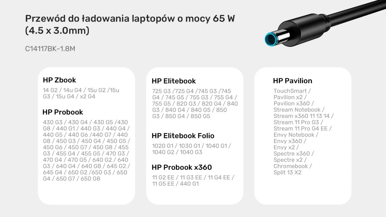 Kablli i energjisë për laptop HP Unitek, 65W USB-C - DC4,5mm, ngjyrë e zezë