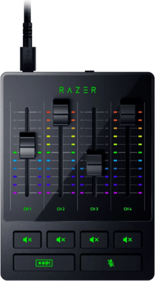 Mikser audio Razer RZ19-03860100-R3M1 4 kanale me faderë, kontrolle mute, ndriçim RGB, e zezë