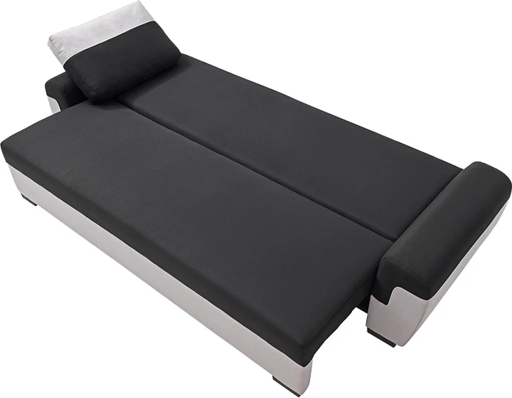 Krevate divan treshe Gaby, me hapësirë për magazinim, stof, ngjyrë e zezë-gri e çelët, 260x88x88cm