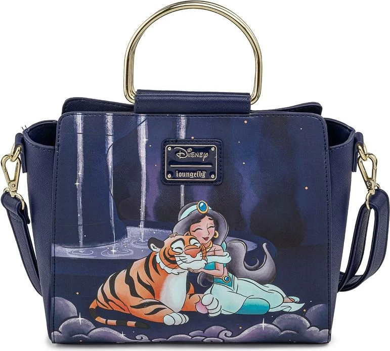 Çantë crossbody Loungefly Disney Jasmine Castle, lëkurë vegane PU, rrip i rregullueshëm i heqshëm, 24.8x21.5x10.8 cm, blu e errët
