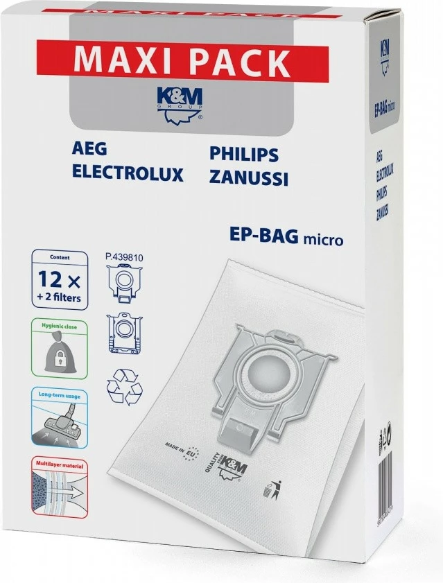 Qese fshese me korent K&M EP-BAG MAXI, 12 copë + 2 filtra, mikrofibre