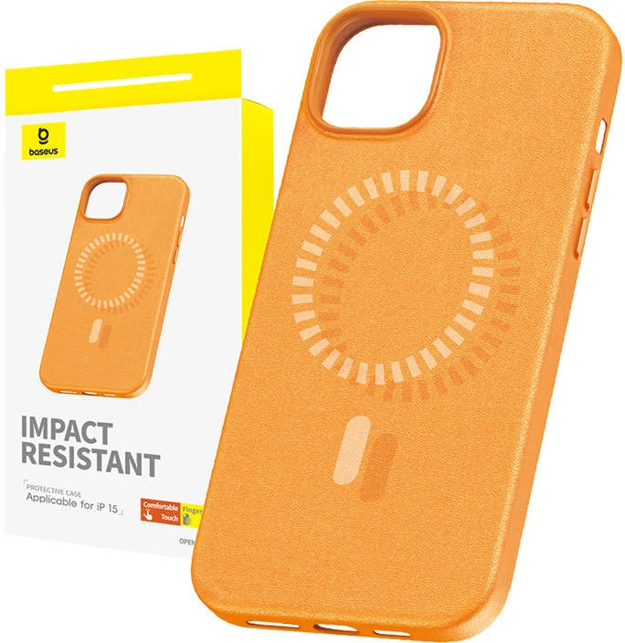Mbështjellës magnetik për celular Baseus Fauxther Series për iPhone 15, portokalli