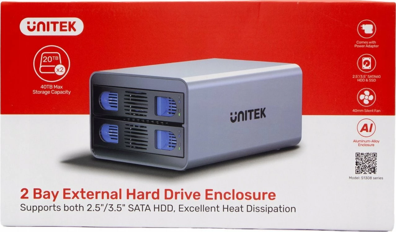 Kuti eksternale për disqe SATA Unitek S1308C01-EU 2-bay 2.5/3.5\" USB-C 10Gb/s RAID deri 40TB, gri