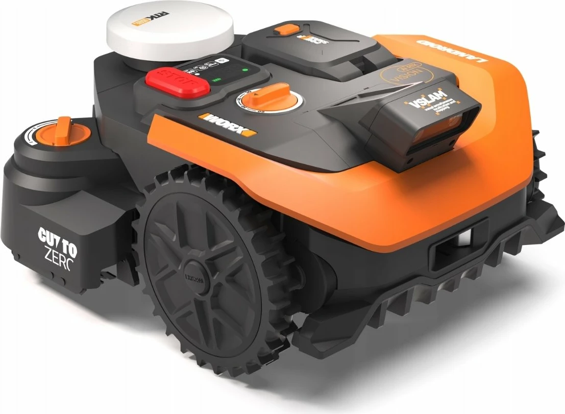 Robot kositës bari Worx Landroid Vision Cloud WR340E, 600 m², 4WD, kamerë stereo, RTK, bateri 20V 4.0Ah, zi/portokalli