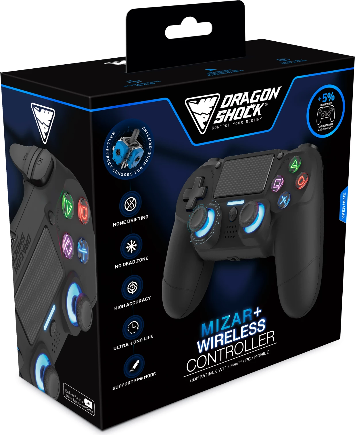 Kontroller wireless DRAGONSHOCK MIZAR+, Bluetooth 2.1 + EDR, Hall-Effect joysticks, për PS4/PC/Mobile, i zi