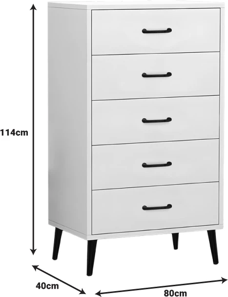 Komodinë me sirtarë, ngjyrë e bardhë, këmbë metalike të zeza, 80x40x114cm