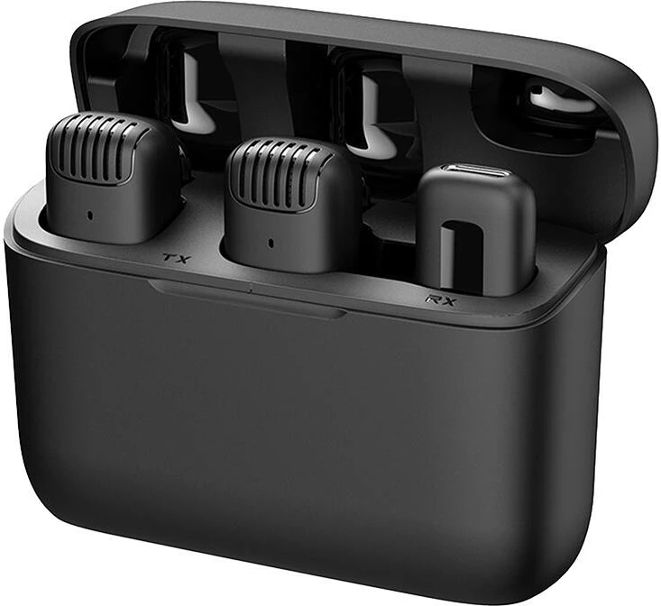 Set mikrofonë lavalier wireless Apexel APL-MIC008 me kuti karikimi, 2 copë, i zi