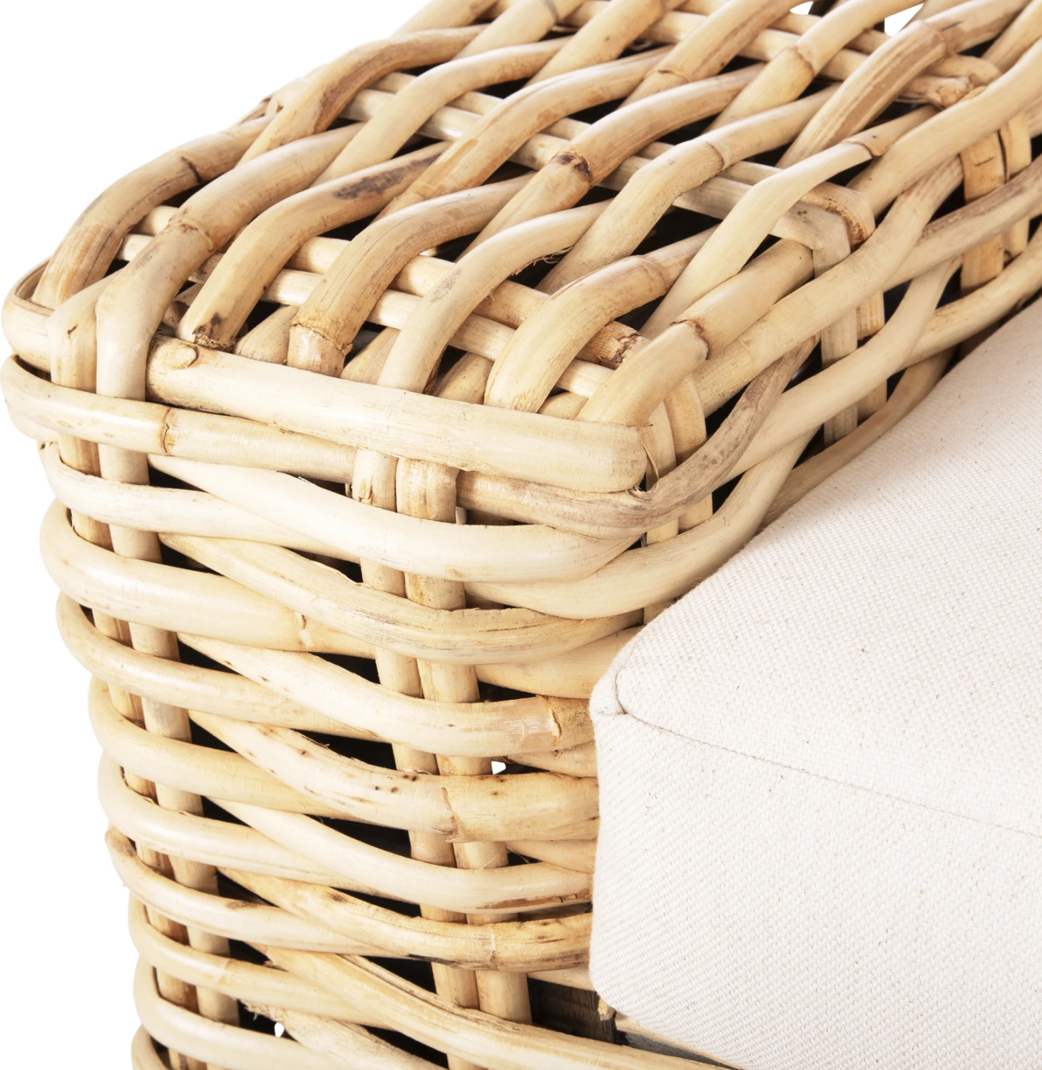 Divan për jashtë, 3 ulëse, dru mango-ratan, ngjyrë natyrale, jastëkë të bardhë, 216x88x70-85H cm