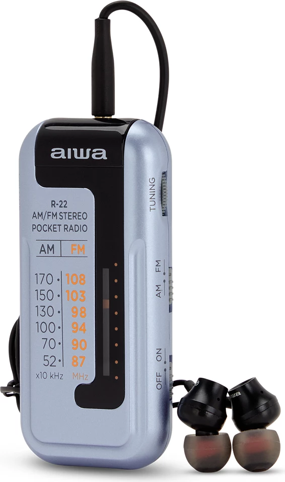 Radio portative AM/FM Aiwa R-22, HyperBASS, 3.5mm, me Kufje dhe bateri, blu e çelët