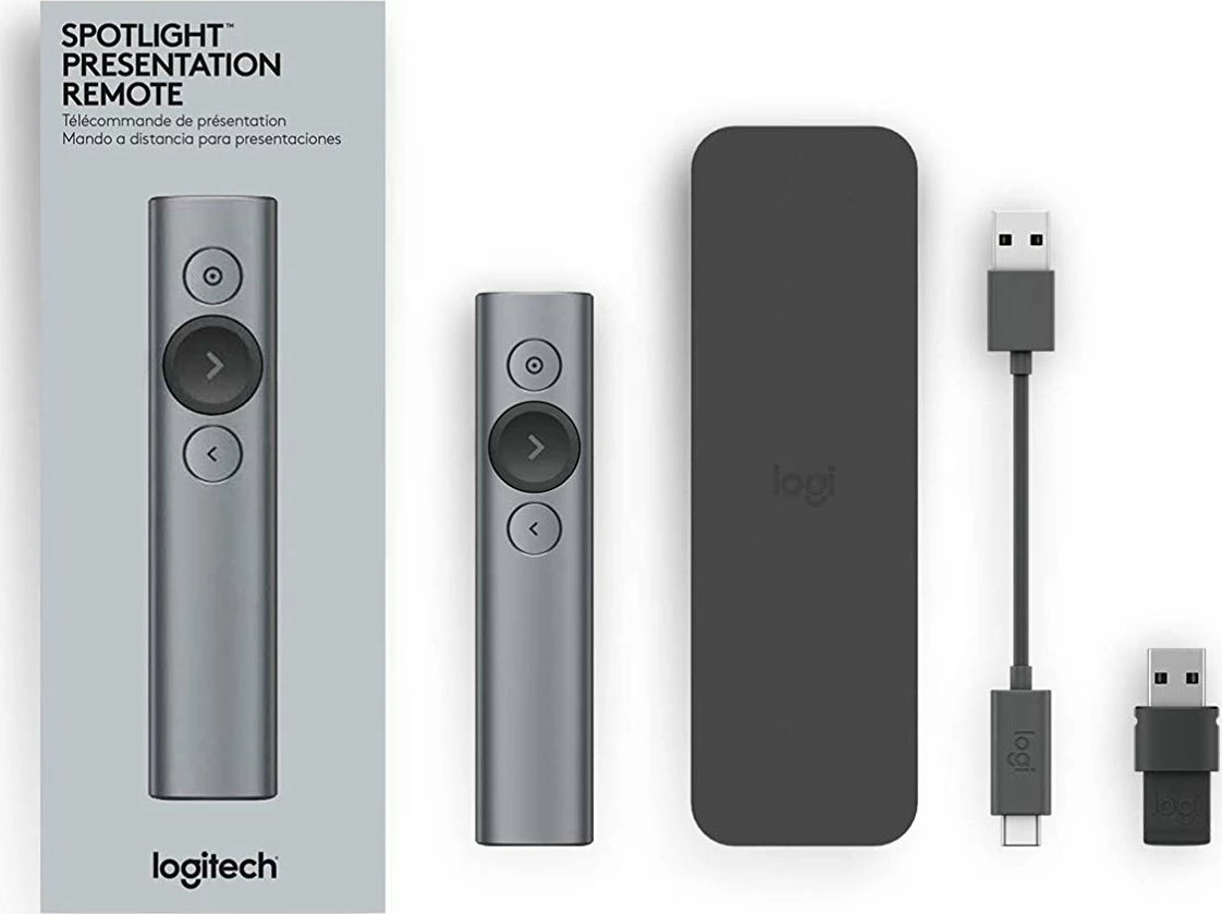 Telekomandë prezantimi Logitech Spotlight 910-004862, rreze 30 m, Bluetooth/USB receiver, karikim USB-C, me kasë, gold