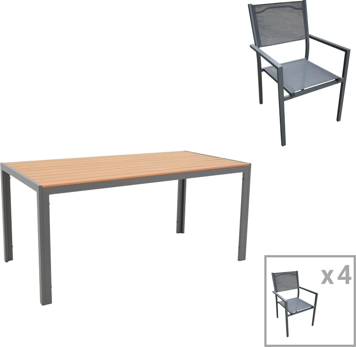 Tavolinë me karrige Nares-Moly C set prej 5 copash alumini anthracite dhe textilene me plywood ngjyrë natyrale 180x90x72.5cm