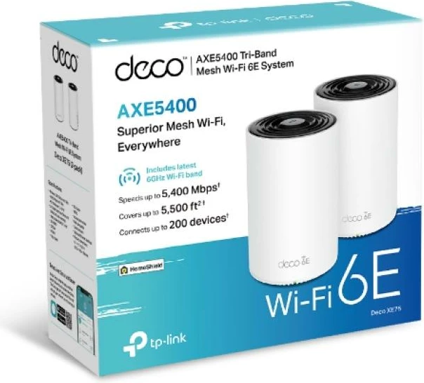 Access point mesh, TP-Link Deco XE75, Wi‑Fi 6E tri-band 6 GHz, port 2.5Gbps, i bardhë, 2-pack
