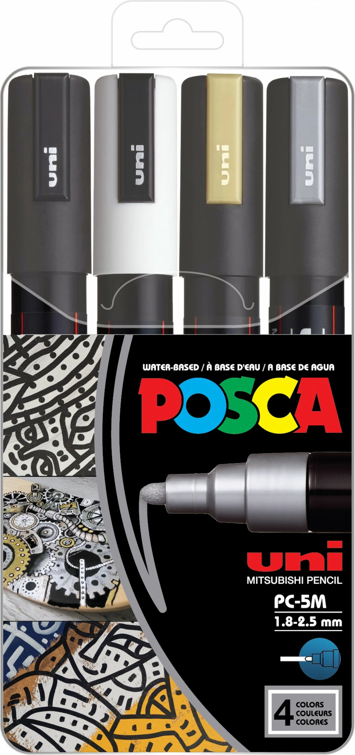 Set markerash Posca PC-5M, 4 ngjyra, bojë uji, majë mesatare, multikolor