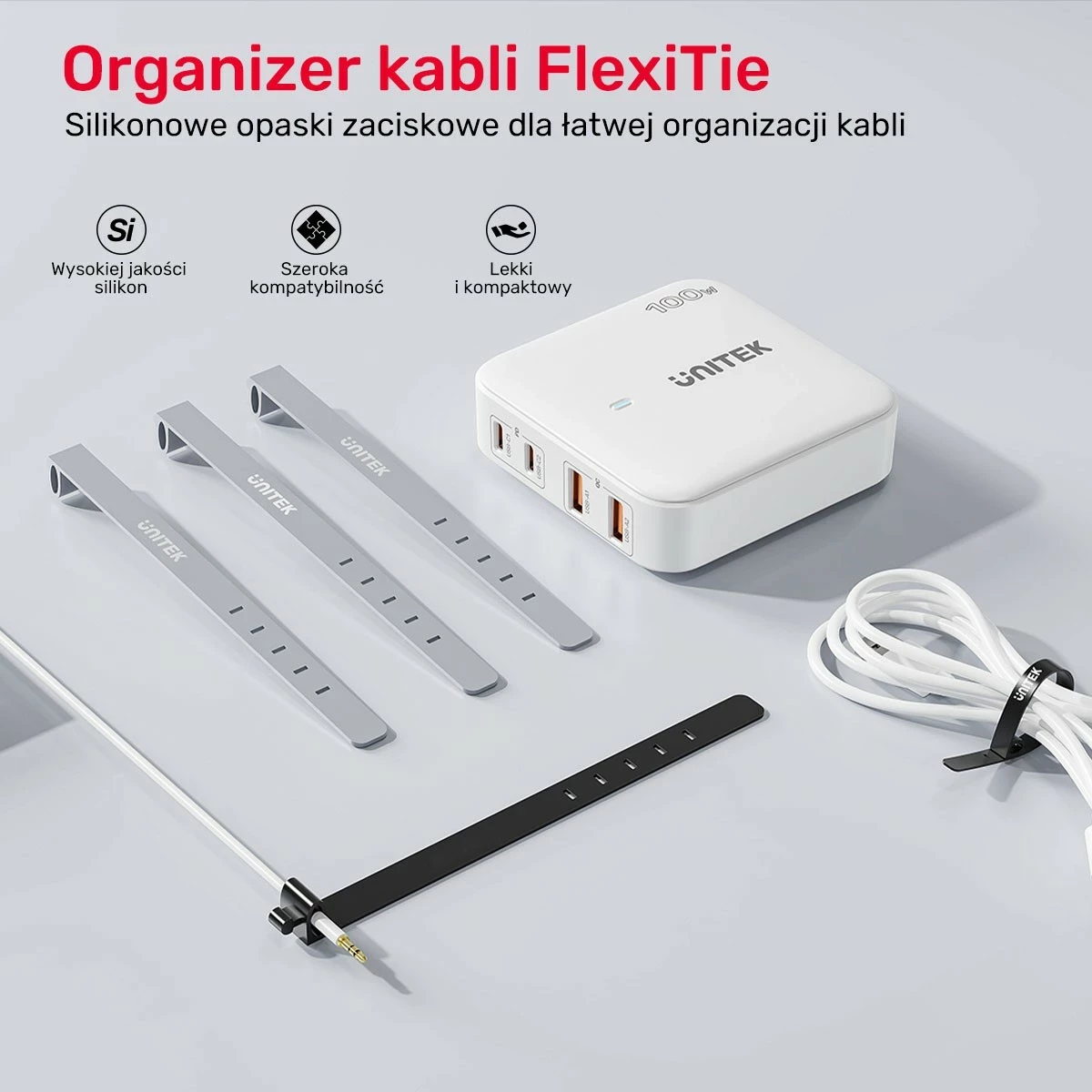 Set rripa silikoni për kabllo Unitek, 5 copë, të zi/gri