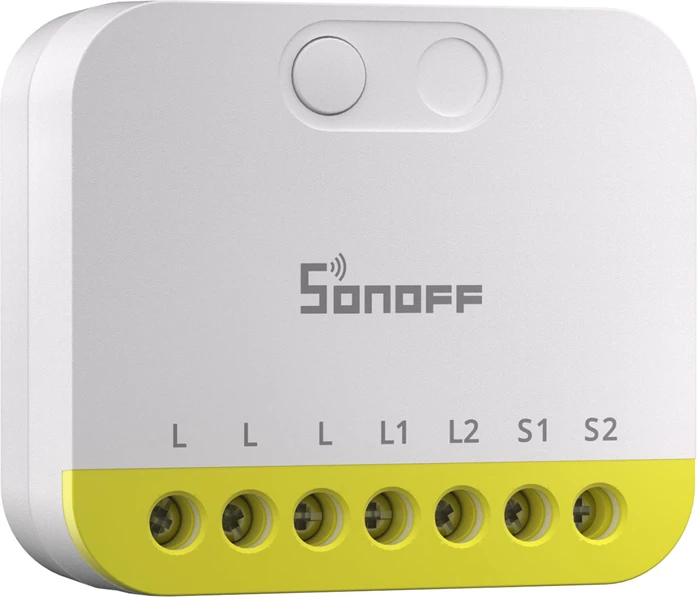 Switch mini 2-kanalësh ZigBee Sonoff MINI-ZB2GS-L, pa neutral (pa N), 100–240V, 8A/kanal, bardhë/verdhë