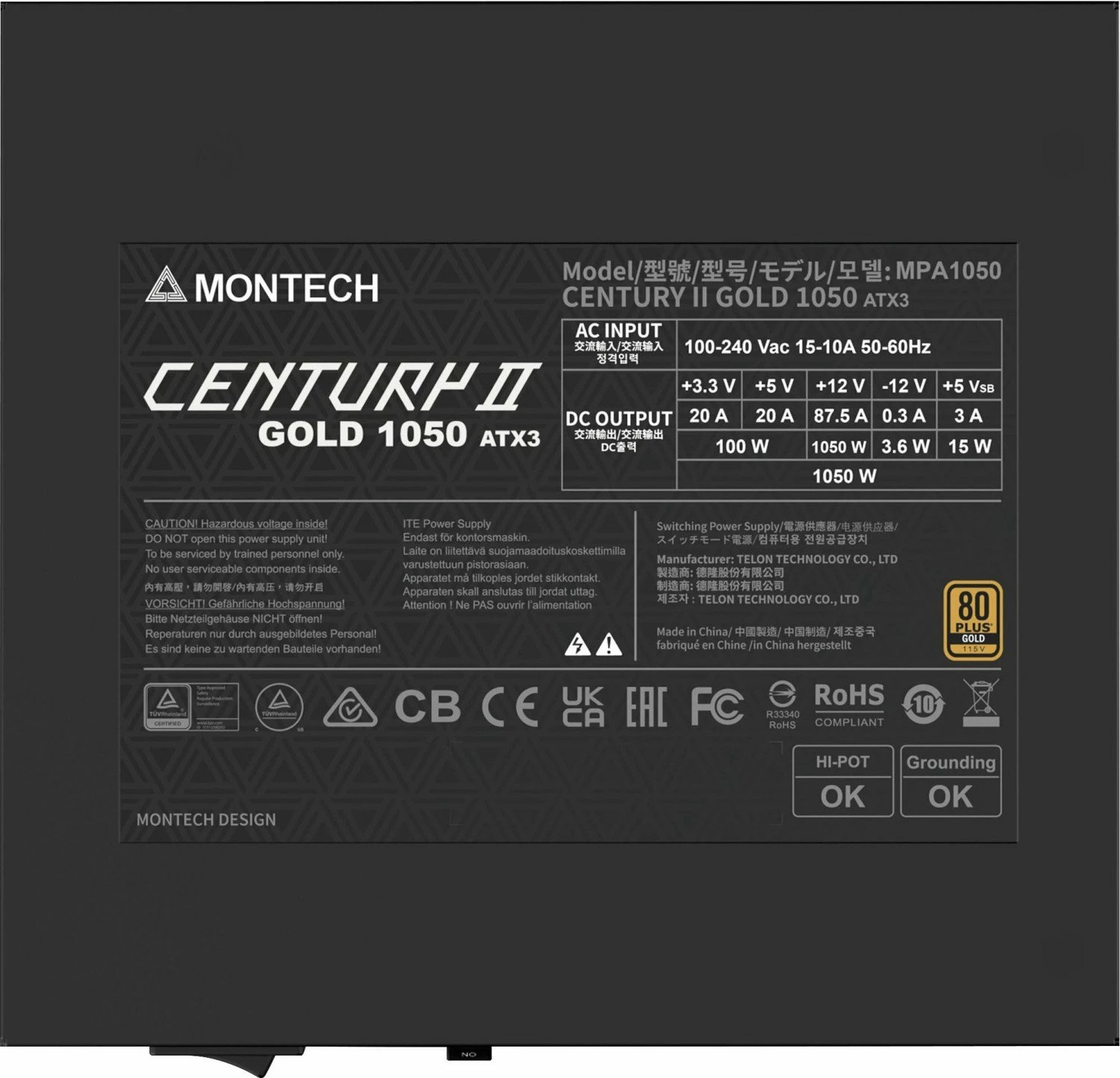 Furnizues rryme Montech Century II Gold 1050W ATX 3.1, fully modular, 80 Plus Gold, ngjyrë argjendi