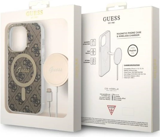 Set mbështjellës Guess GUBPP14LH4EACSW me karikues wireless për iPhone 14 Pro 6.1", kafe