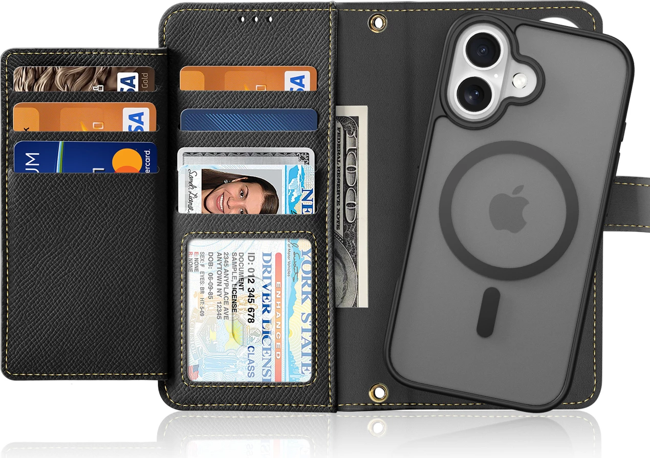 Mbështjellës Dux Ducis Lawa për iPhone 16, me portofol magnetik, lëkurë, e zezë