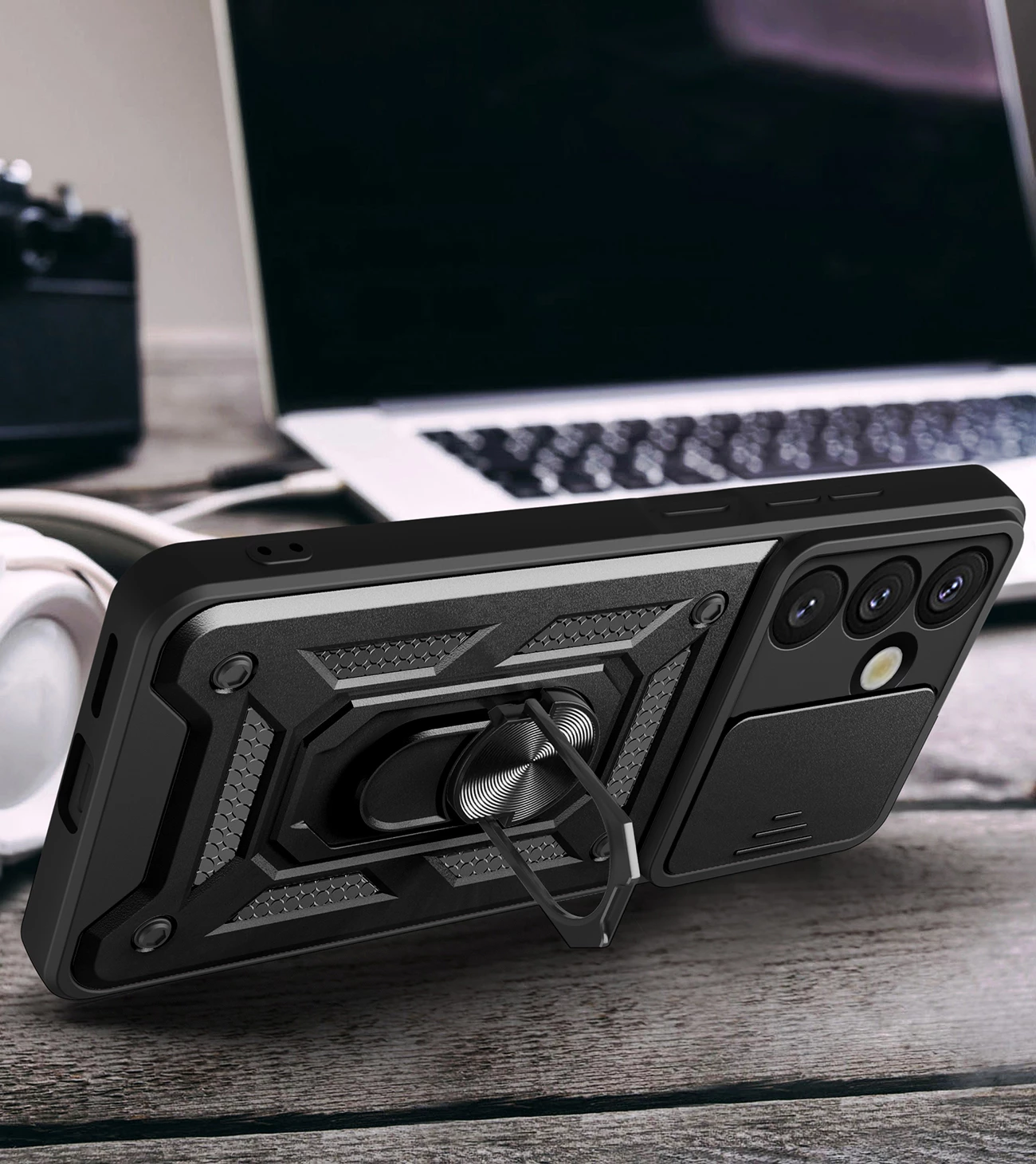 Mbështjellës Hurtel Hybrid Armor Camshield për Oppo F29 Pro 5G / A5 Pro 5G, i zi, me mbajtëse dhe kapak kamere