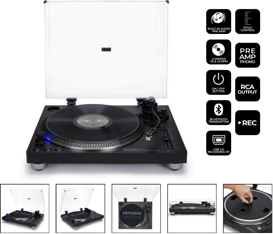 Gramafon Aiwa APX-1200BT/BK, Bluetooth 5.1, USB regjistrim, 12\" pjatë alumin, belt drive, zi