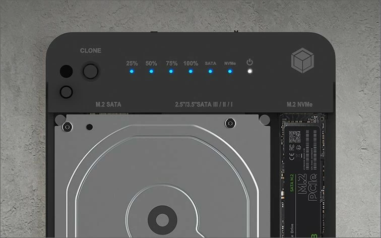 Stacion klonimi/docking Icy Box IB-2915 (IB-2915MSCL-C31), USB-C, për M.2 NVMe/SATA dhe 2.5\"/3.5\" SATA, 10Gb/s, i zi