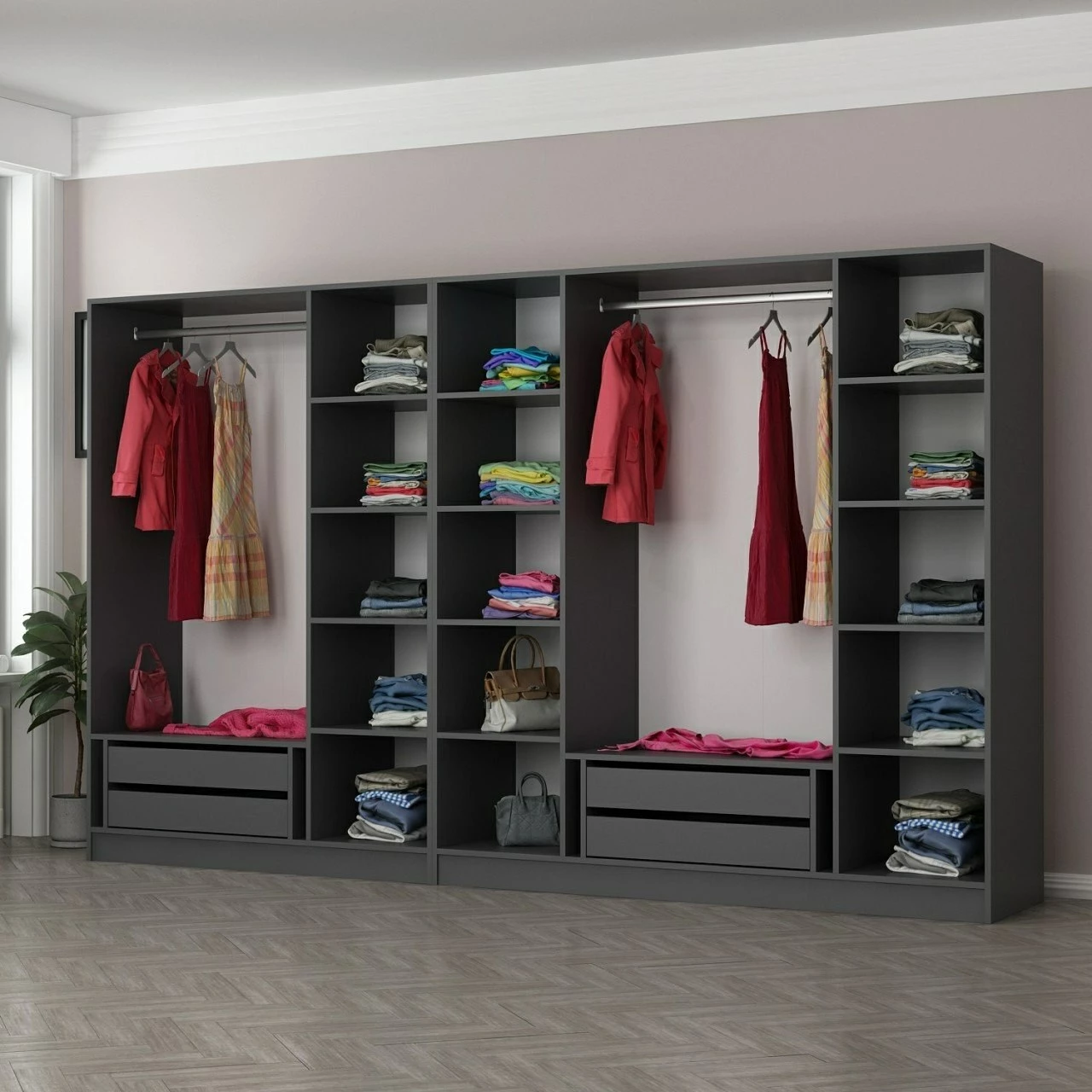 Dollap garderobe Skye Decor, anthracite e zi, 315x190x52cm, 10 pjesë