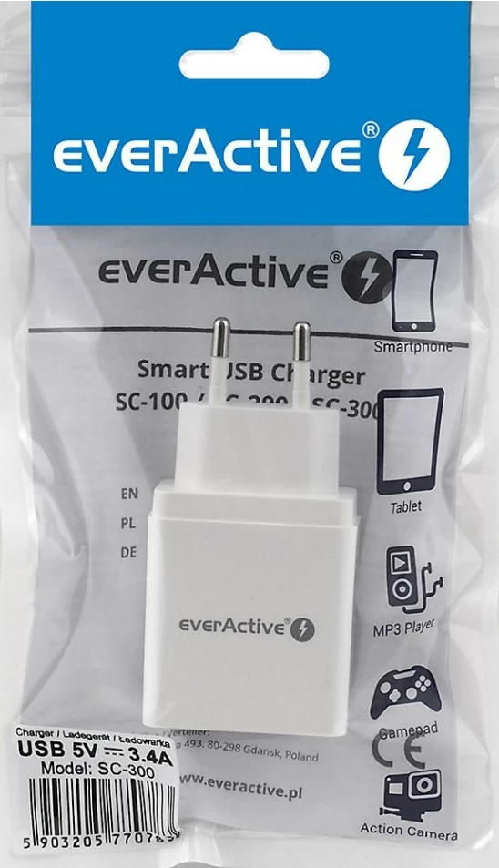 Karikues rrjeti everActive SC-300 me 3x USB, iQ Smart Charging, Bardhë