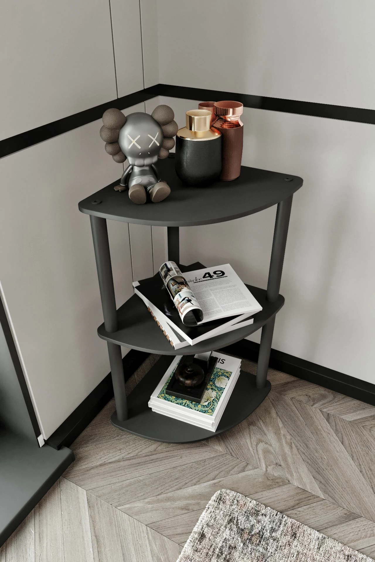 Raft këndi për libra, i zi, 3 nivele, Skye Decor