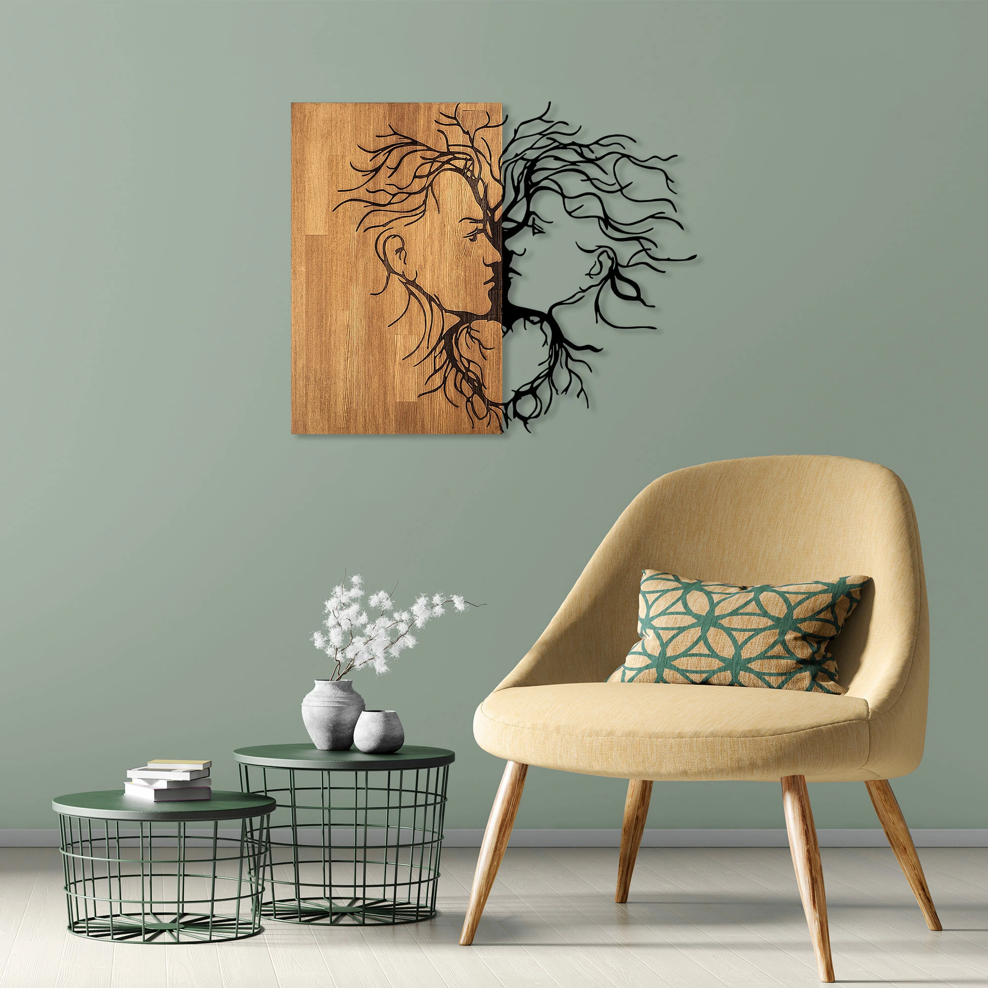 Aksesor dekorativ për mur, dru dhe metal, Wallity Love - 315, ngjyrë e zezë dhe arre, 96x3x79cm