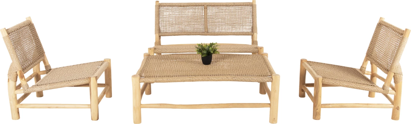 Set salloni për jashtë 4 pjesë, dru teak, ratan sintetik, ngjyrë natyrale