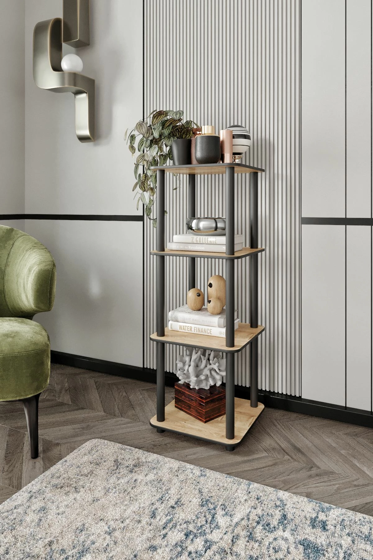 Raft librash Skye Decor, katër kate, ngjyrë lisi