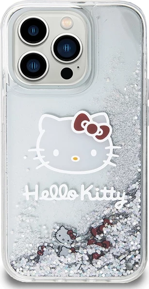 Mbështjellës Hello Kitty Liquid Glitter Charms Kitty Head për iPhone 15 Pro, argjend