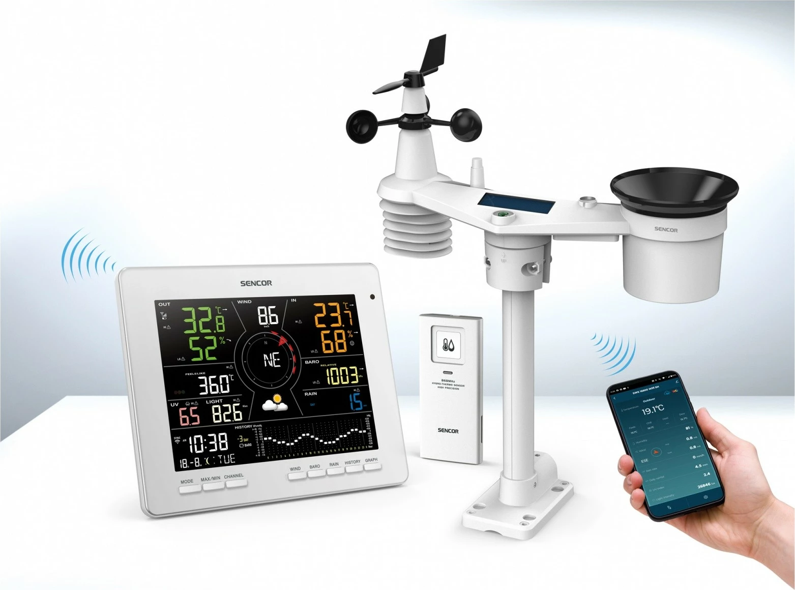 Stacion moti SMART Sencor SWS 16600 WiFi SH, me sensor 7-në-1 dhe TH, i bardhë