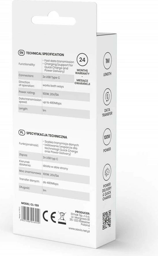 Kabllo Savio USB-C, 1m, e zezë