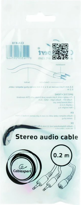 Adapter audio Gembird CCA-418, 3.5 mm 4-pin në 2 x 3.5 mm stereo, i zi