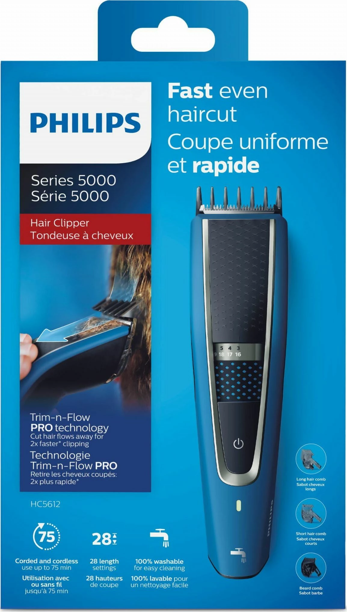Makinë qethjeje Philips Series 5000 HC5612/15, 0.5-28 mm, 28 nivele, bateri + rrymë, e kaltër, 2 shtojca