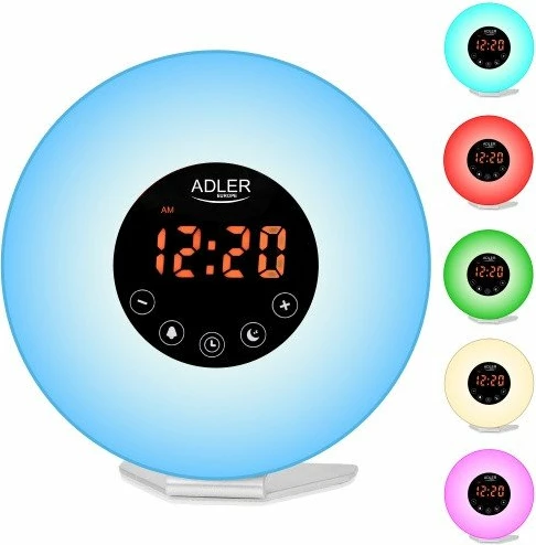 Orë alarmi me dritë Adler AD 1916, simulim lindje dielli, FM radio, USB-C, ndriçim ambient 6 ngjyra, multikolor