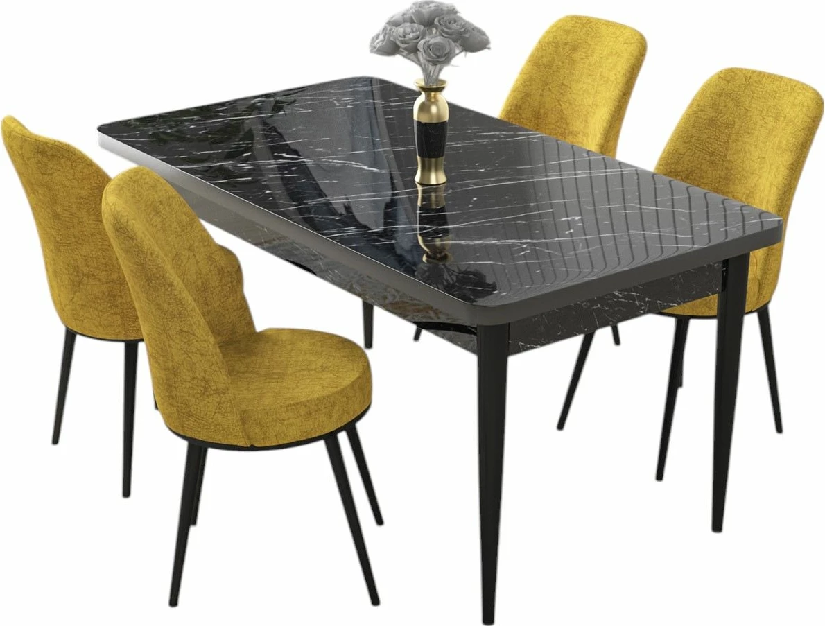 Tavolinë me karrige, 5 copë, Skye Decor, mermer i zi, mustard