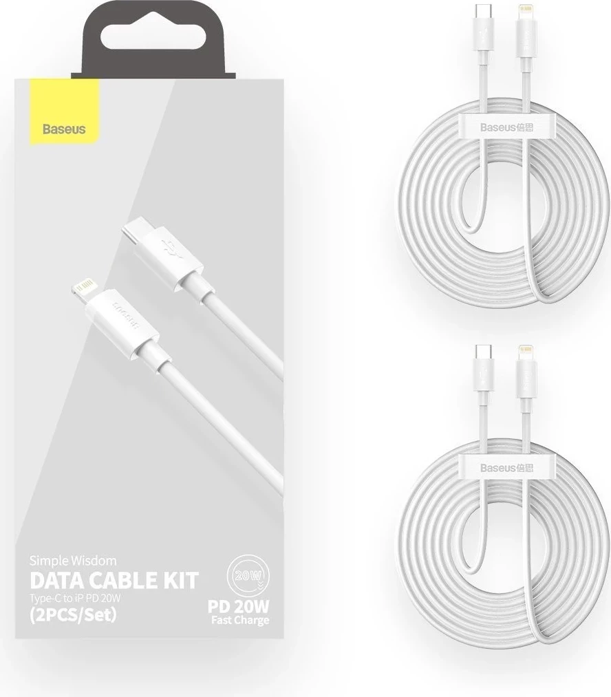 Kabllo Baseus Simple Wisdom USB-C do Lightning, PD, 20W, 1.5m (e bardhë) 2 copë